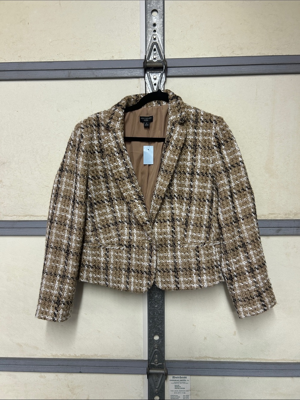 Ann Taylor Tan Plaid Tweed Cropped Blazer